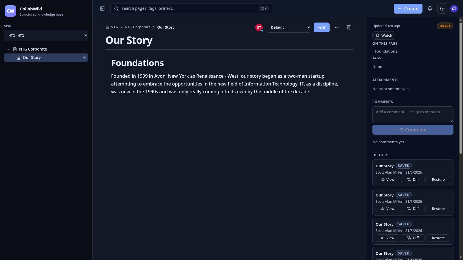 CollabWiki page view with sidebar tree, live editor and context pane